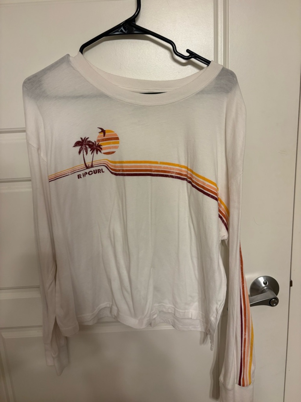 Rip Curl White Long Sleeve Tee with Sunset Palm Tree and Colored Stripe